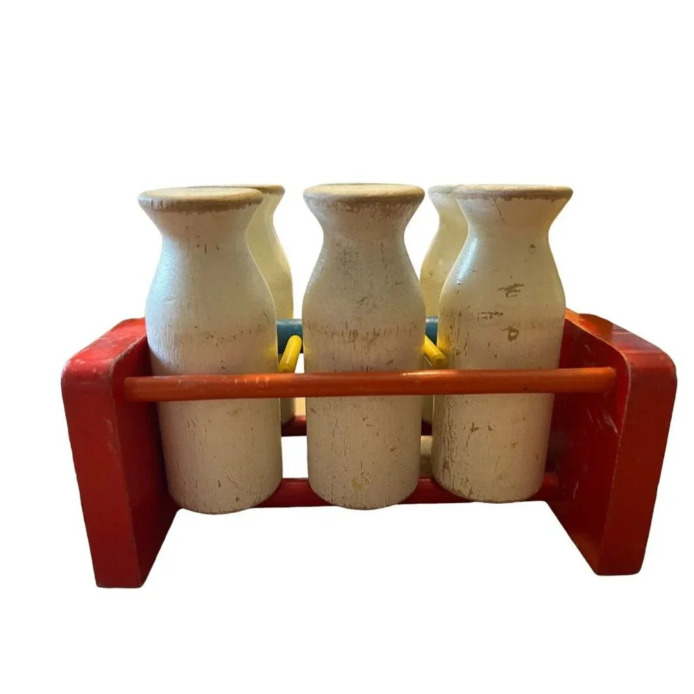 Vintage 1950s SIFO Wooden Milk Bottle Carrier‎ Toy, Learning Counting Children